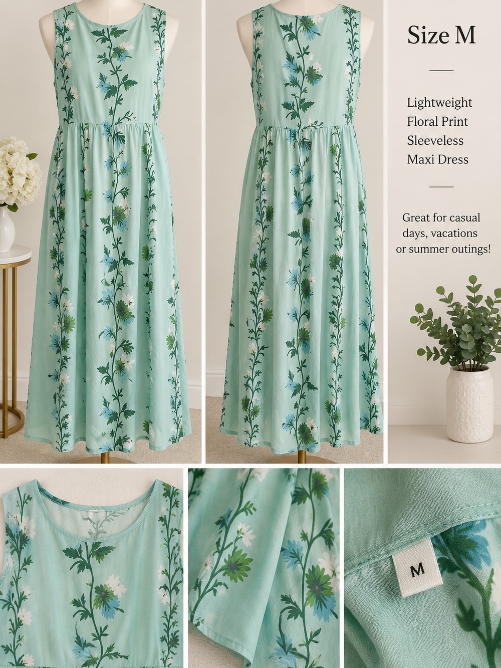 Sleeveless Floral Maxi Dress in Mint Green